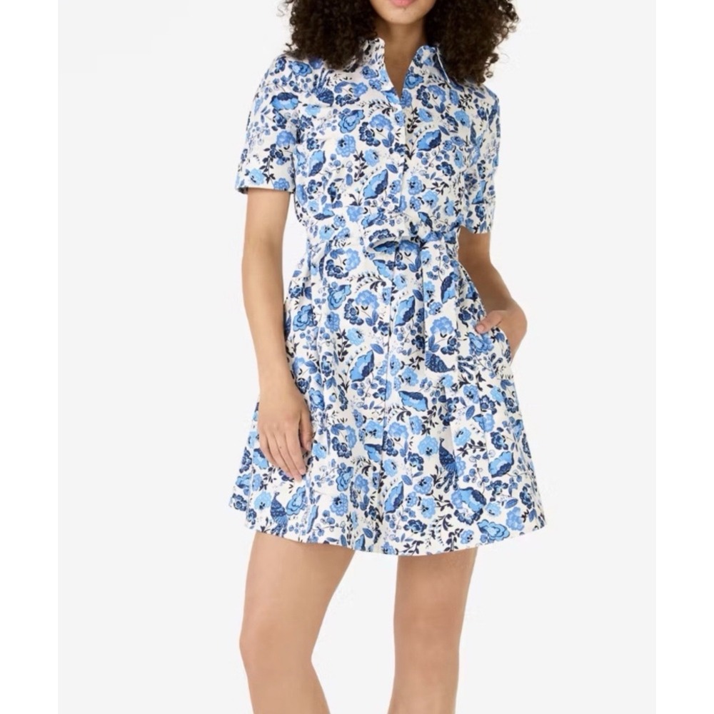 NWT Kate Spade Peacock Vase Floral Shirt‎ Mini Summer Dress Blue White Size S
